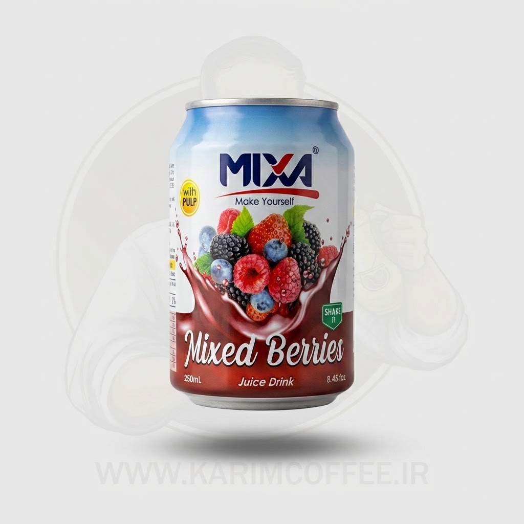 نوشیدنی قوطی میکسا (MIXA) دارای تکه‌های میوه طعم میکس بری حجم ۲۵۰ میل
