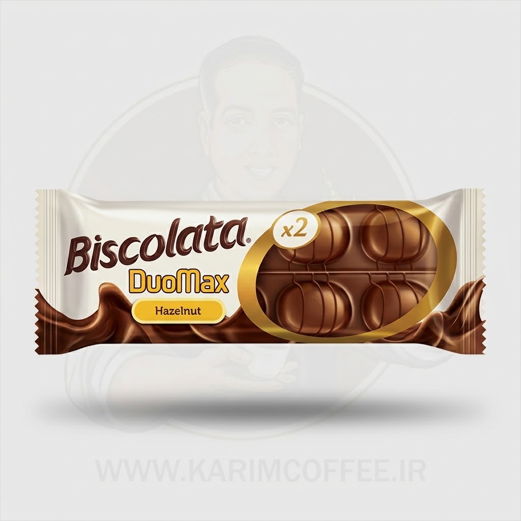 بیسکویت ویفری مغزدار با کرم فندقی ۲ انگشتی – برند Biscolata بیسکولاتا مدل DuoMax دوومکس